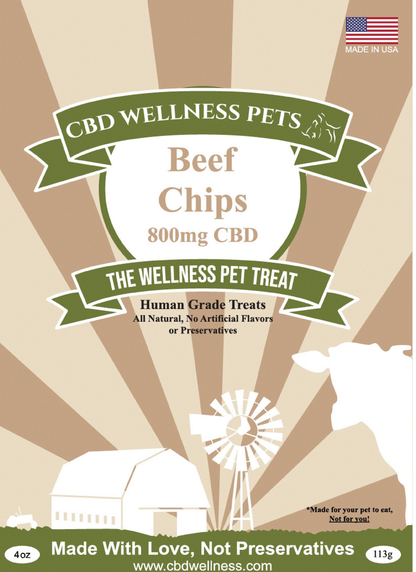 CBD Wellness Pets 800mg CBD Beef Chips front label — human grade crunchy dog treats, beef flavor, no preservatives, made in USA